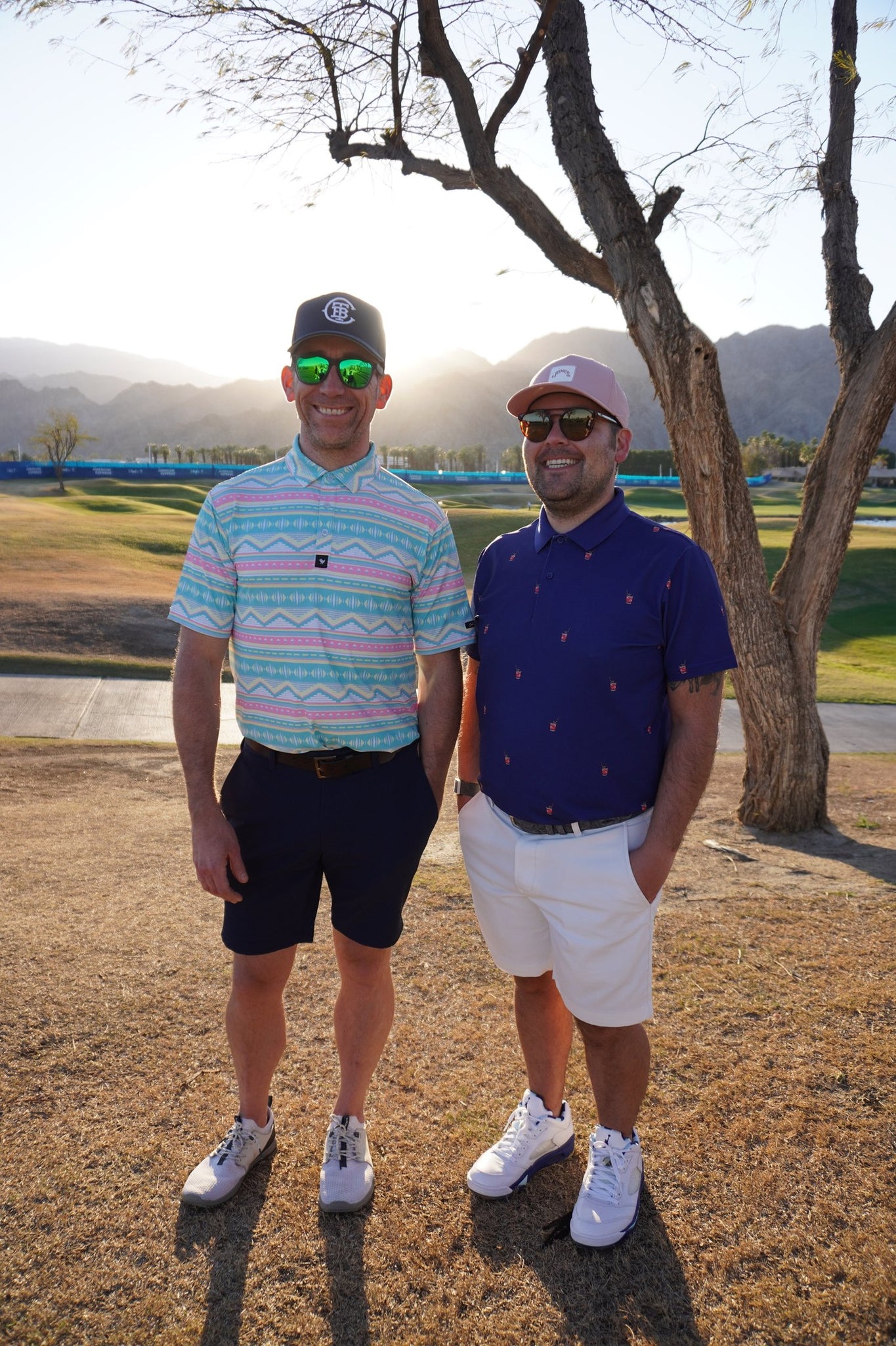 Nick and Jason founders of BirdieWrap. Image of two men standing on a golf course, these men are Nick and Jason, founders of birdiewrap sport tape.