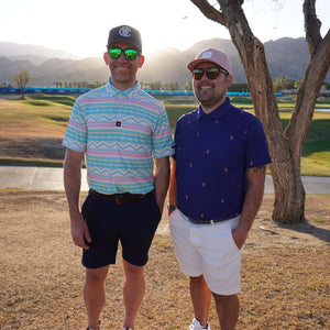 Nick and Jason founders of BirdieWrap. Image of two men standing on a golf course, these men are Nick and Jason, founders of birdiewrap sport tape.